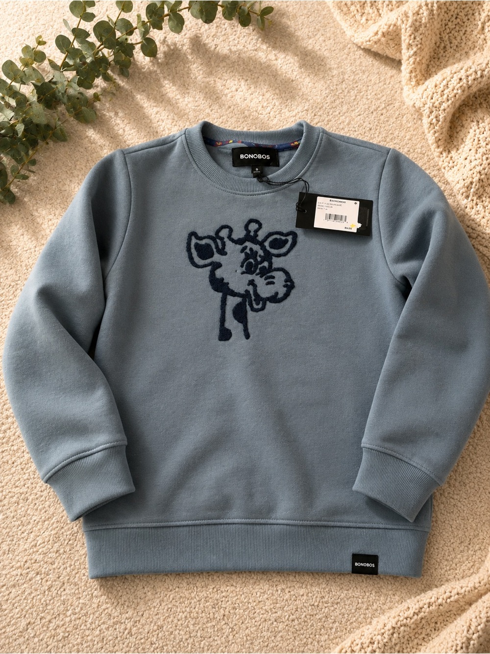Bonobos Dusty Blue Kids Crewneck Sweater with Navy Giraffe